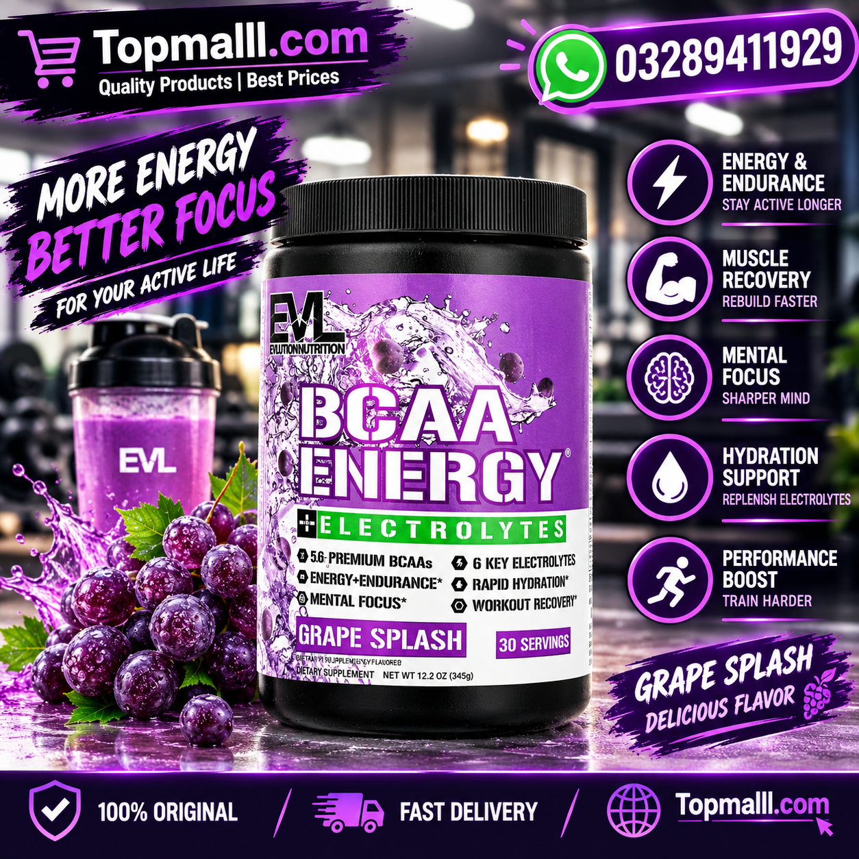 BCAA Energy Plus Electrolytes Grape Splash 12.2 oz (345 g) In Pakistan